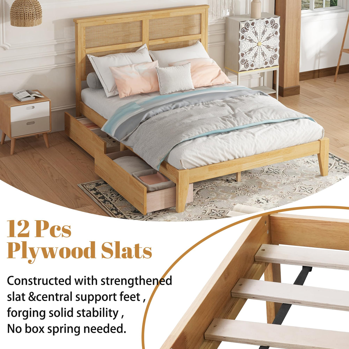 MoproBeti Full Bed Frame with Rattan Headboard,Rubber Wooden Boho Bed Frames with 2 Storage Drawers and Support Legs,No Box Spring Needed, White Oak MoproBeti