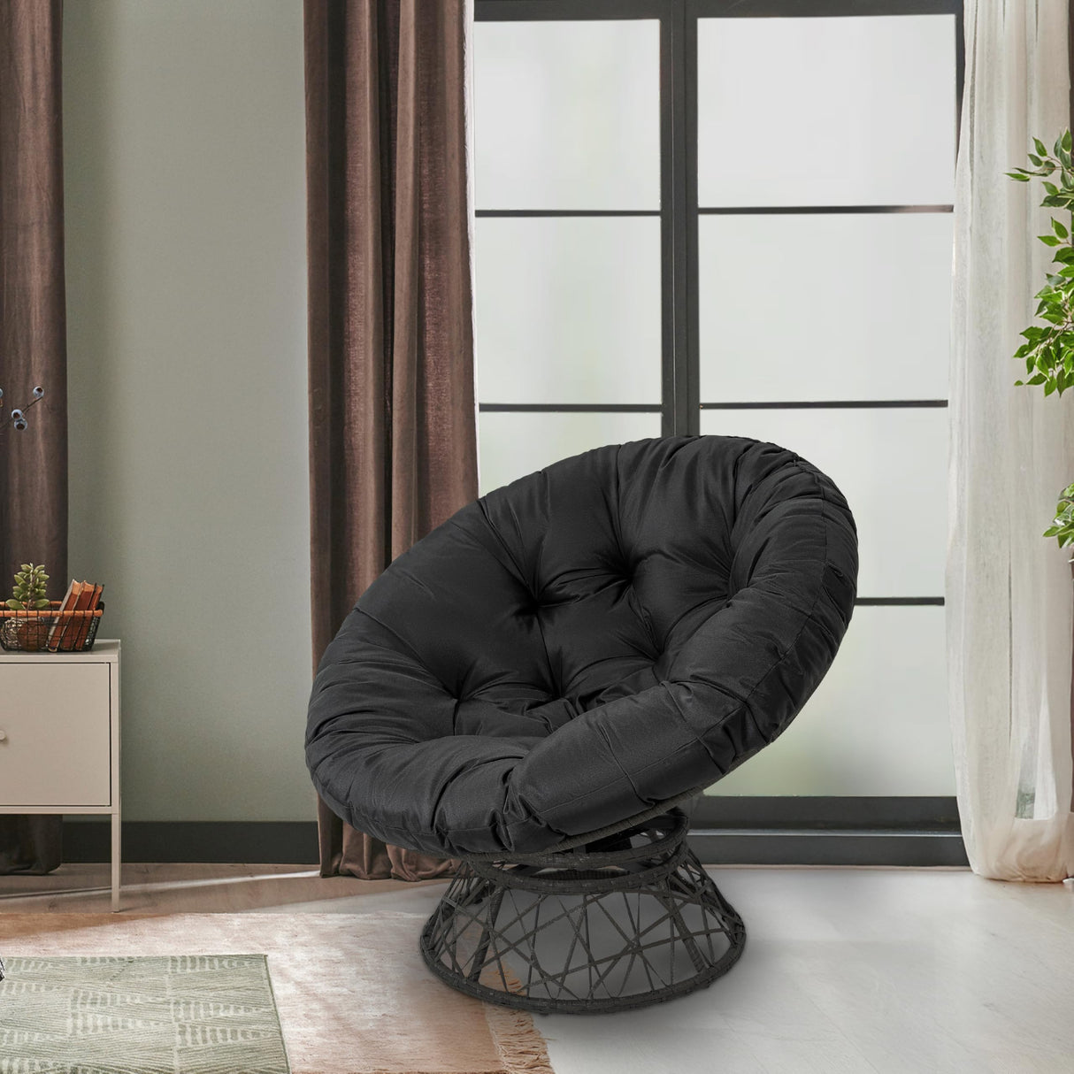 Naomi Home Barcelona Oversized Papasan Chair with Cushion and Frame – Round Wicker Indoor Egg Chair, 360° Swivel Circle Nest Lounge – Bedroom Corner Chair for Adults - Black/Dark Gray Naomi Home