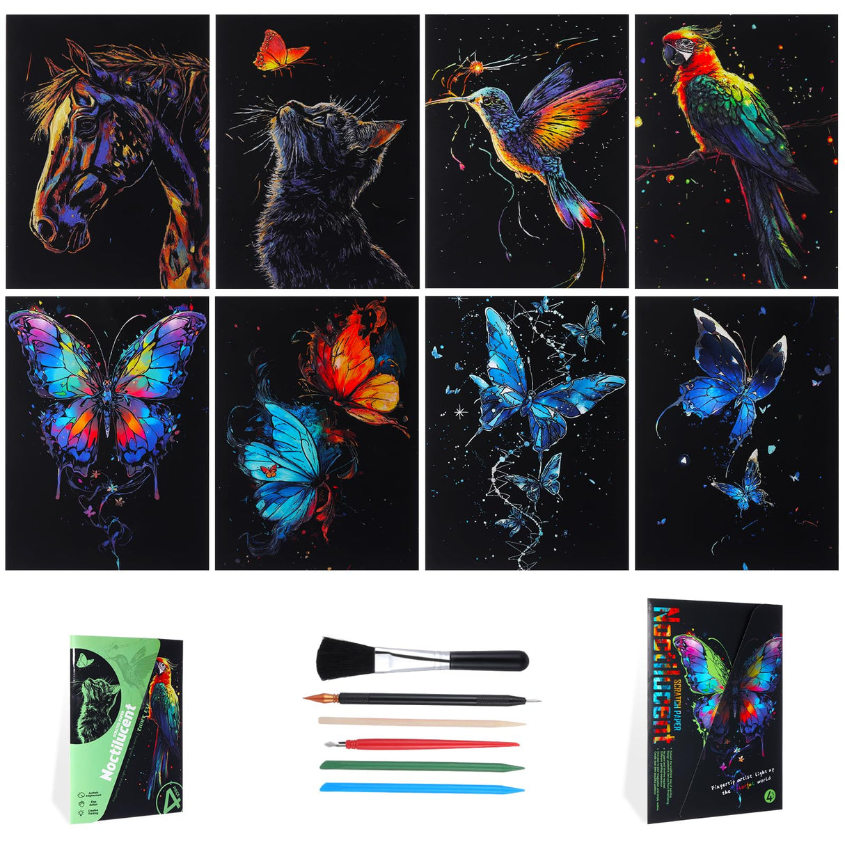 Gersoniel 8 Pack Glow in The Dark Scratch Art for Adult Rainbow Painting Paper Sheet with Pen/Cleaning Brush Noctilucent Engraving Scratchboard for Adults Gift Craft for Gift, Stress Relief Gersoniel