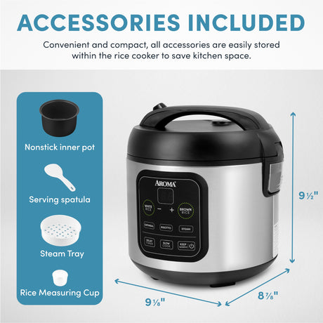 Aroma Housewares ARC-994SB Rice & Grain Cooker Slow Cook, Steam, Oatmeal, Risotto, 8-cup cooked/4-cup uncooked/2Qt, Stainless Steel AROMA
