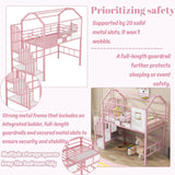 Twin Size House Loft Bed with Stairs and Storage, Heavy-Duty Metal Princess Loft Bed Frame with Storage Box and Safety Rail for Girls Kids Teens, Pink Bellemave