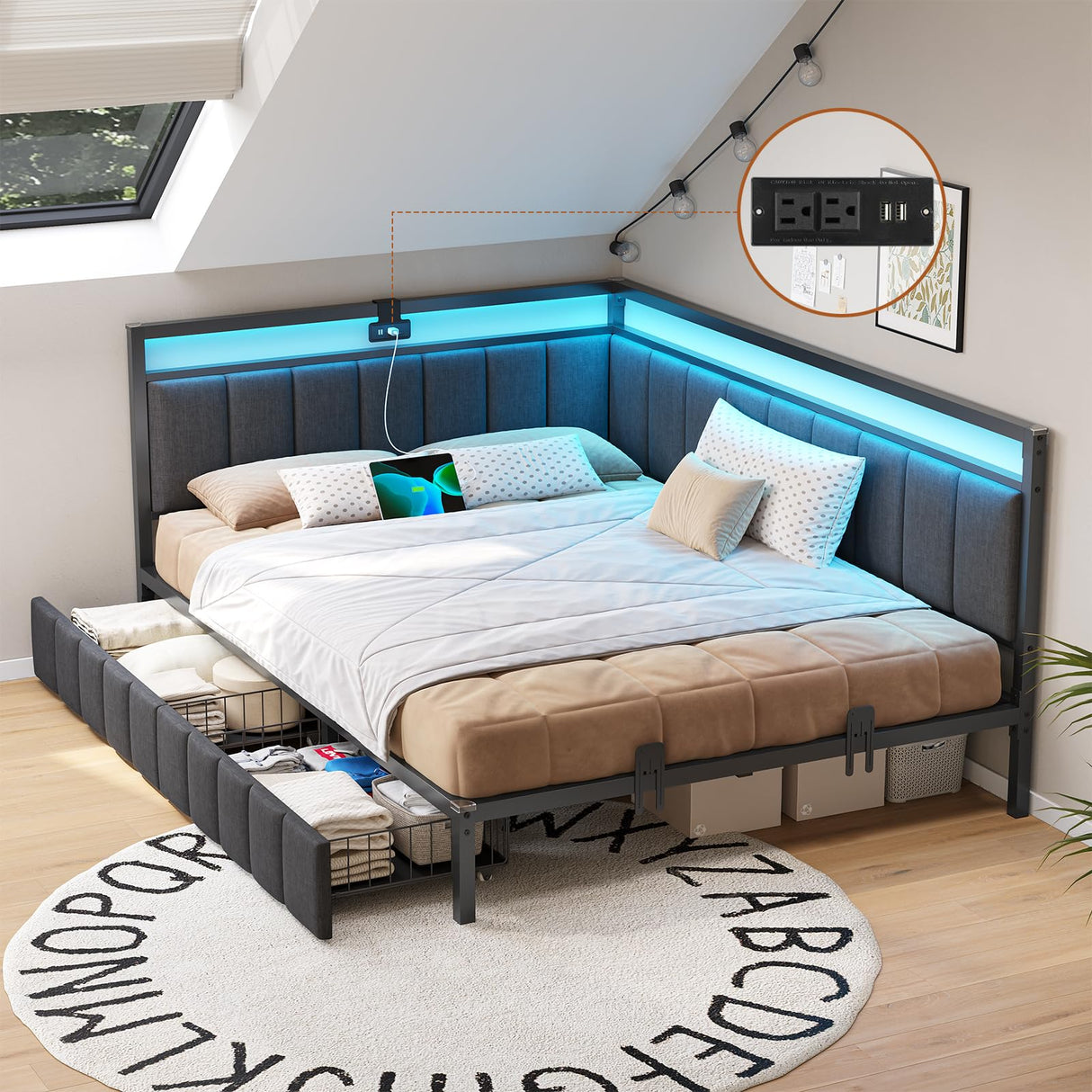 DICTAC Corner Full Bed Frame with 2 Storage Drawers and Charging Station Full Size Platform Bed Frame with Led Lights and Upholstered Guardrail Daybed for Living Room, Bedroom and Guest Room, Gray DICTAC