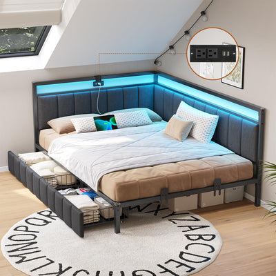 DICTAC Corner Full Bed Frame with 2 Storage Drawers and Charging Station Full Size Platform Bed Frame with Led Lights and Upholstered Guardrail Daybed for Living Room, Bedroom and Guest Room, Gray