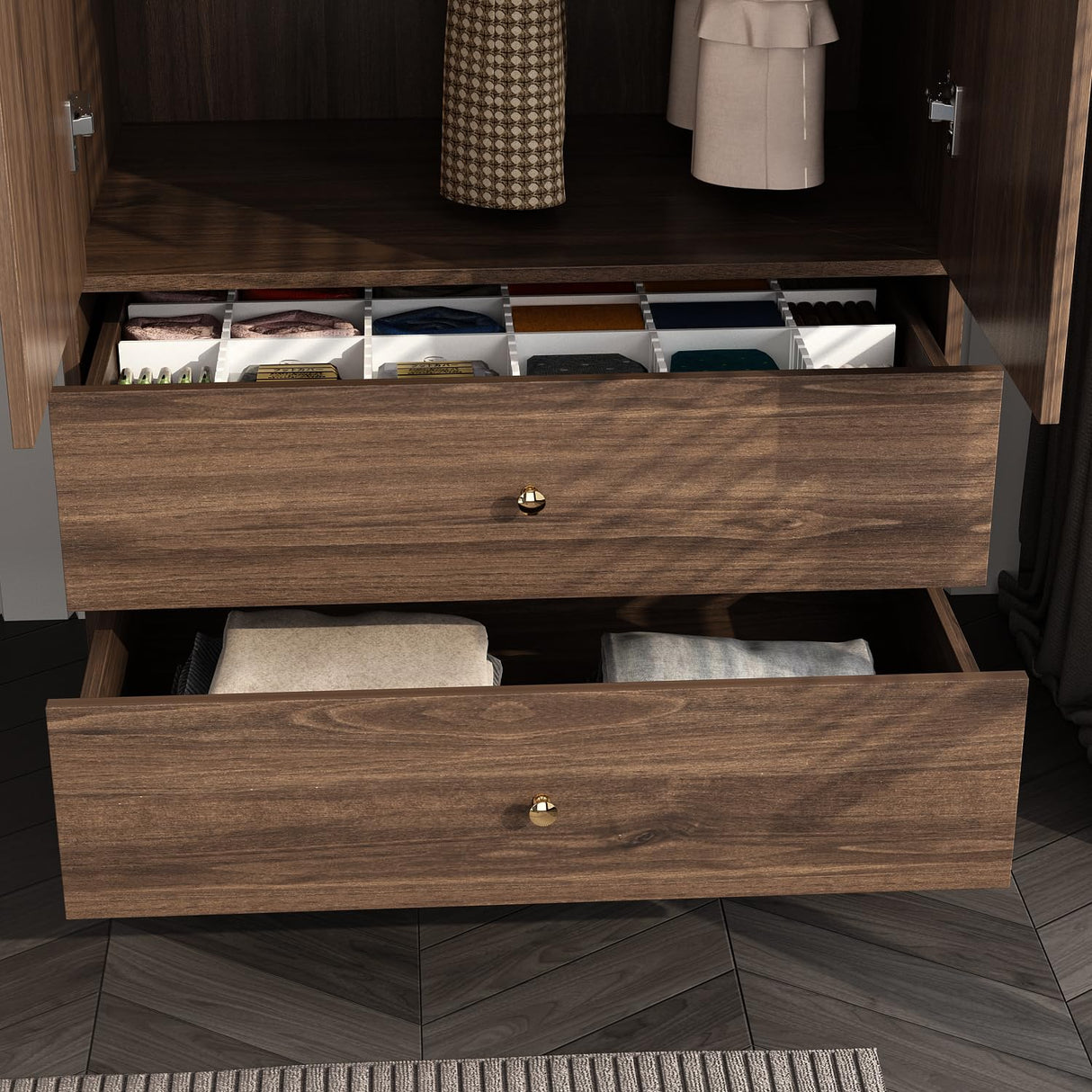 Hitow Wardrobe Armoire Closet with 2 Doors, Wardrobe Cabinet with 2 Drawers & Hanging Rod, Bedroom Armoire Clothes Organizer with Gold Handles, Type B Brown (31.5" W x 19.1" D x 65.1" H) Hitow