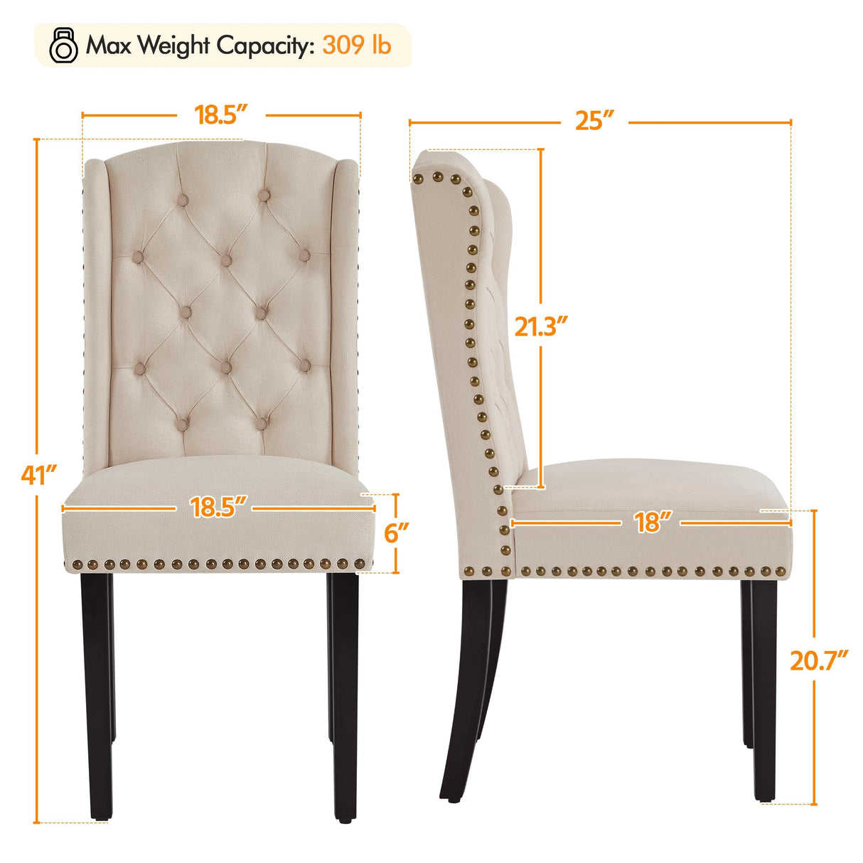 Yaheetech Dining Chairs Upholstered Fabric Chairs Tufted Kitchen Chairs with Solid Wood Legs, Nailhead Trims for Dining Room Kitchen and Restaurant, 1 Package of 2pcs, Beige Yaheetech