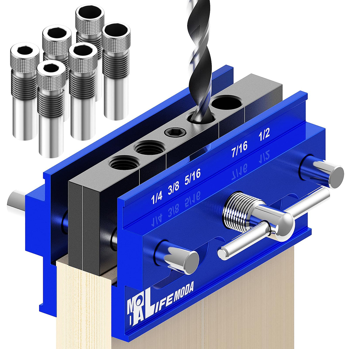 LIFEMODA Self Centering Doweling Jig Kit, Drill Jig For Straight Holes Biscuit Joiner Set With 6 Drill Guide Bushings, Adjustable Width Drilling Guide Tool Accessory Jigs (Blue) Lifemoda