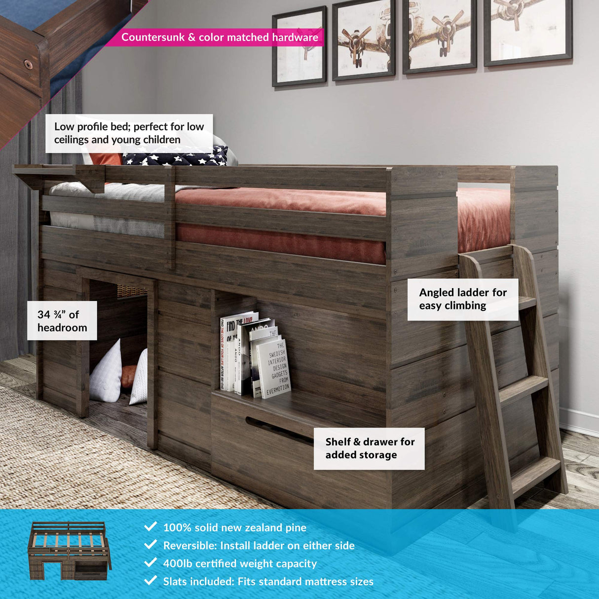 Max & Lily Barnwood Brown Twin Low Loft Bed with Storage Drawer and Ladder Max & Lily