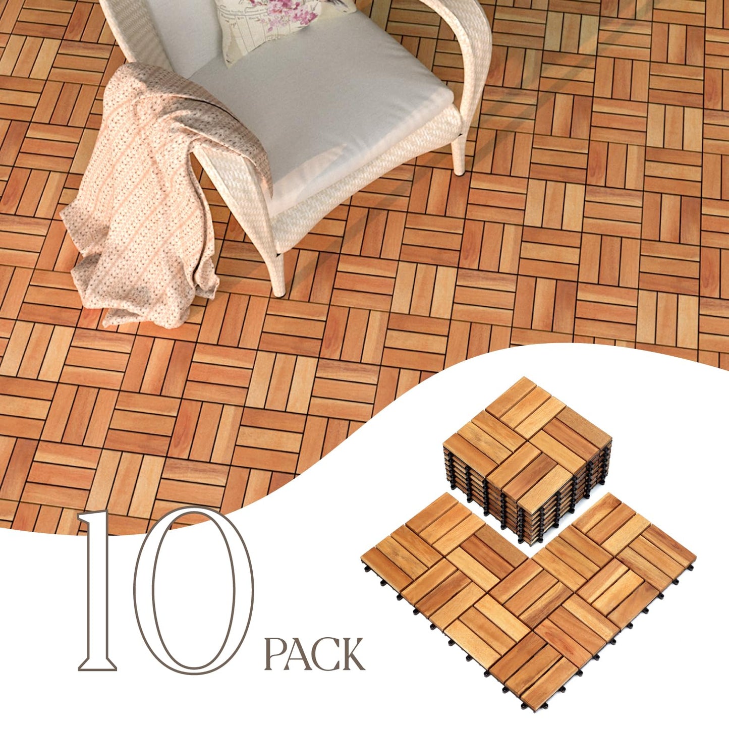 TimberWave Pack of 10 Deck Tiles, Solid Acacia Wood Floor Tiles, Patio Tiles Outdoor Interlocking Waterproof All Weather (12"x12" - 12 Slat, Golden Teak, 10)