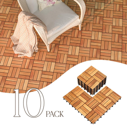 TimberWave Pack of 10 Deck Tiles, Solid Acacia Wood Floor Tiles, Patio Tiles Outdoor Interlocking Waterproof All Weather (12"x12" - 12 Slat, Golden Teak, 10)