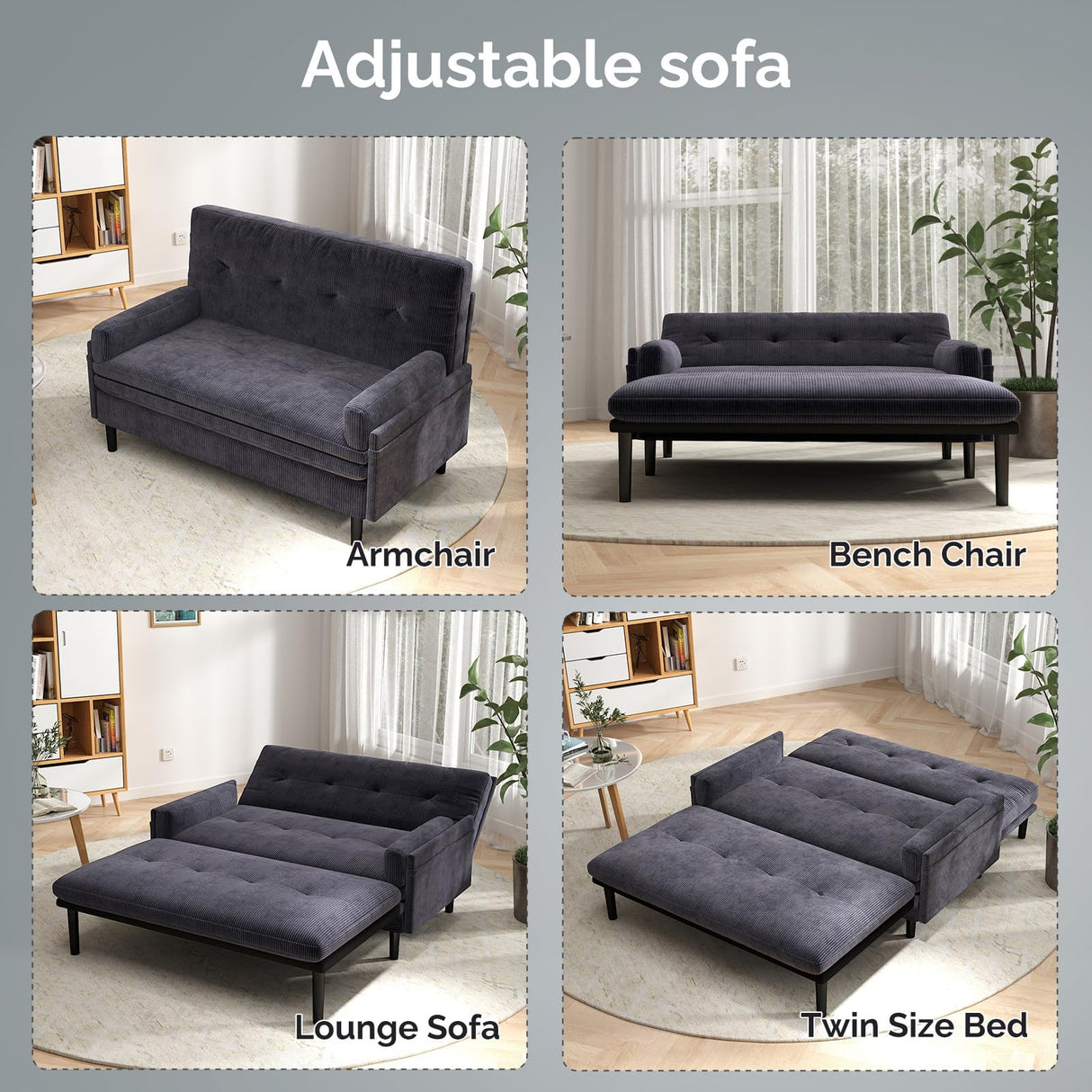 homeokay Convertible Queen Sleeper Sofa Bed Couch, with Pull-Out Feature, 5 Adjustable Backrest Positions, Removable Armrests, Ottoman, and Storage for Living Room(Gray) homeokay