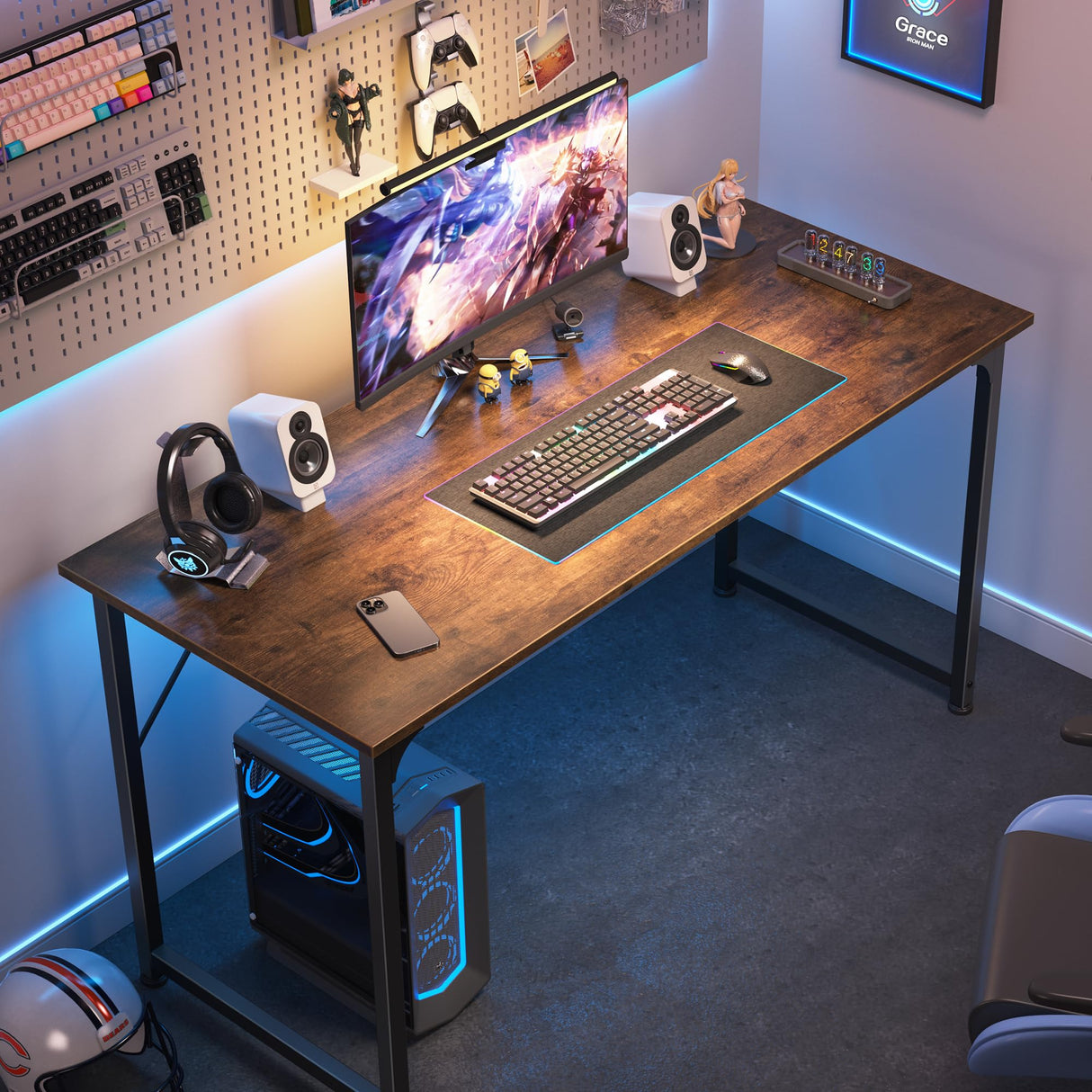 Huuger Computer Desk, 48 Inch Office Desk, Gaming Desk with Storage, Writing Desk Work Desk for Home Office, Study, Modern Simple Desk, Large Legroom, Metal Frame, Rustic Brown Huuger