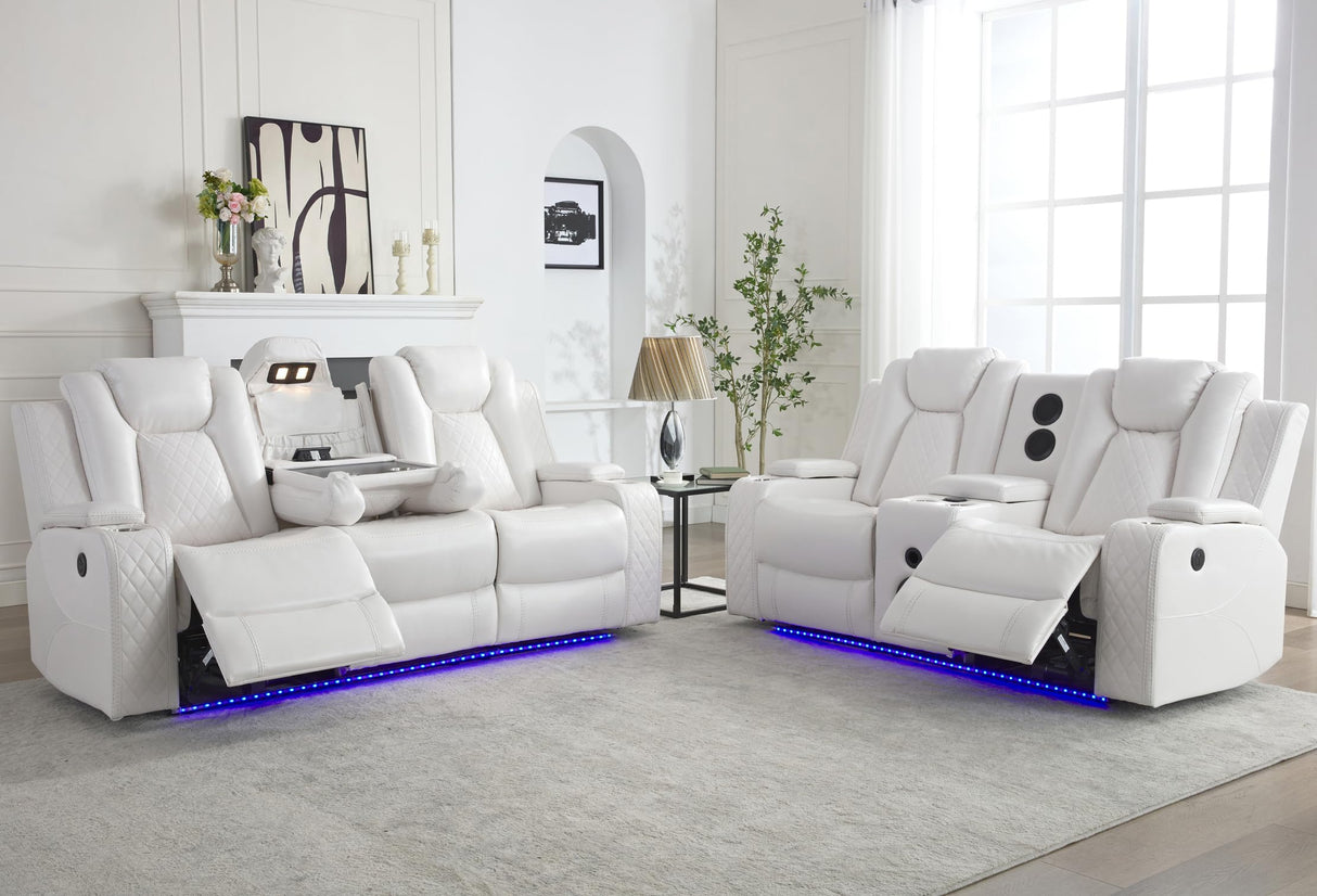 Power Recliner Sofa Set with Bass Speaker for Living Room,Faux Leather 3 Seater Reclining Sofa and Loveseat Seating Couch w/ Wireless Charger,Reading Light,LED Lights,Home Theater Love seat Sets,White Comfort Stretch