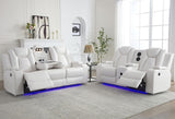 Power Recliner Sofa Set with Bass Speaker for Living Room,Faux Leather 3 Seater Reclining Sofa and Loveseat Seating Couch w/ Wireless Charger,Reading Light,LED Lights,Home Theater Love seat Sets,White Comfort Stretch