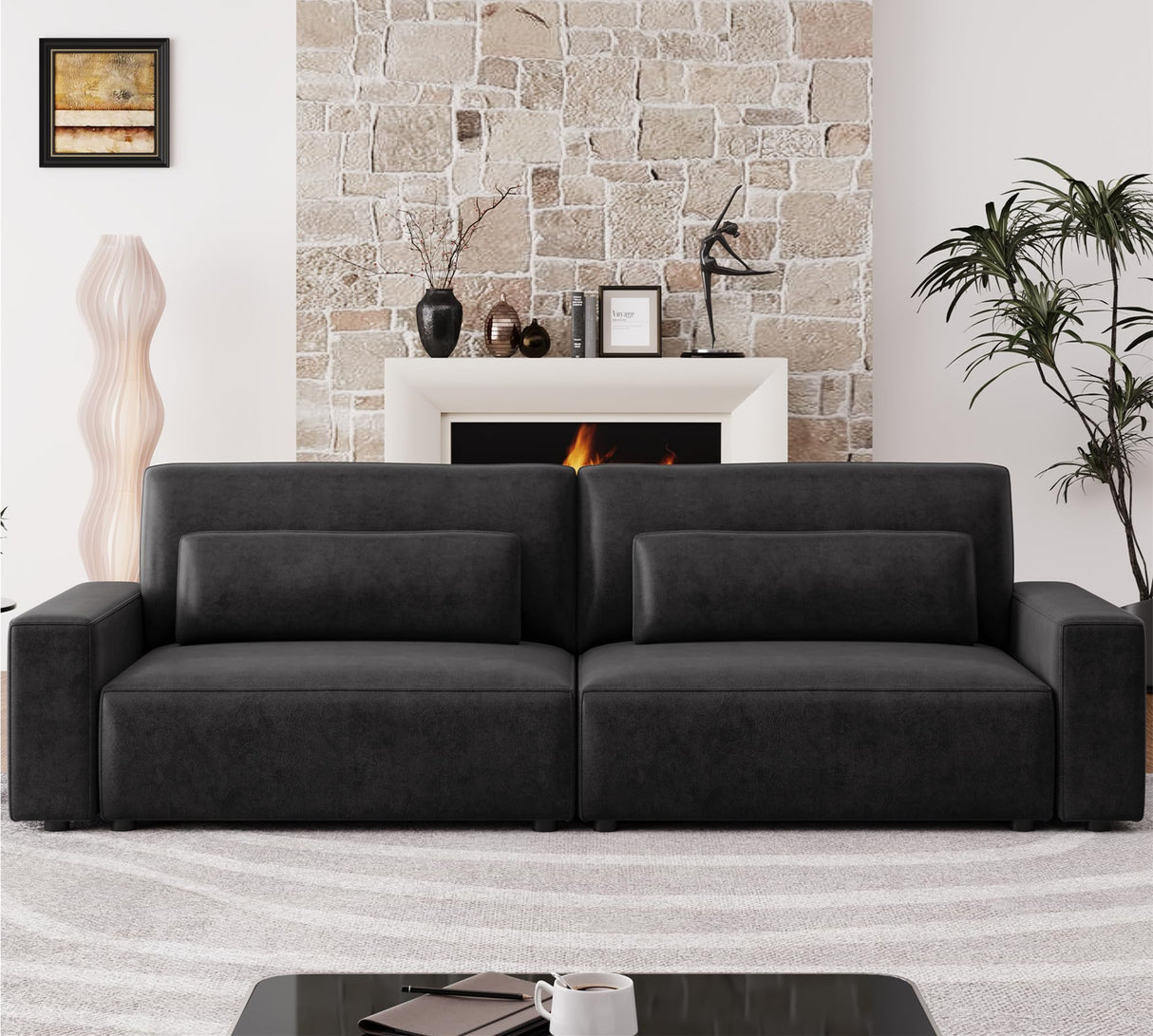 HIFIT 105" Black Faux Leather Sofa Couches for Living Room, Modern Comfy Couch with 28" Deep Seat & Fluffy Cushion, 4-Seater Home Sofa Living Room Furniture for Office with 2 Pillows, Solid Wood Frame HIFIT