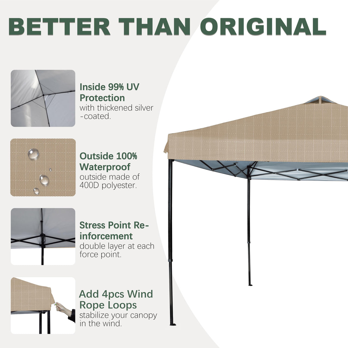 JANCANOPY 10x10 Canopy Replacement Top with Air Vent Silver Coated for Straight Leg Canopy Frame, (Beige Ripstop) JANCANOPY