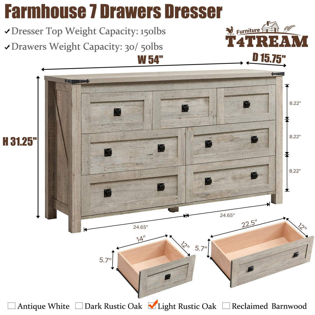 T4TREAM Farmhouse 7 Drawers Tv Stand, Wood Rustic , Storage Dressers Organizer for Bedroom, Living Room,Hallway, Light Rustic Oak T4TREAM