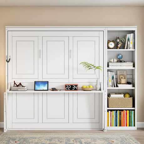 Queen Murphy Bed with Desk and Storage Shelves,Wood Hideaway Murphy Wall Bed with Storage Bookcase for Adults (White) MERITLINE