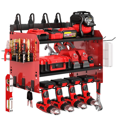 Wide Power Tool Organizer Wall Mount with Charging Station,3 Layer Adjustable Heavy Duty Tool Storage Rack 4 Drills with 8 Outlet Power Strip,Hooks,Screwdriver box,Garage Gifts for Fathers Day,Red CFMASTER