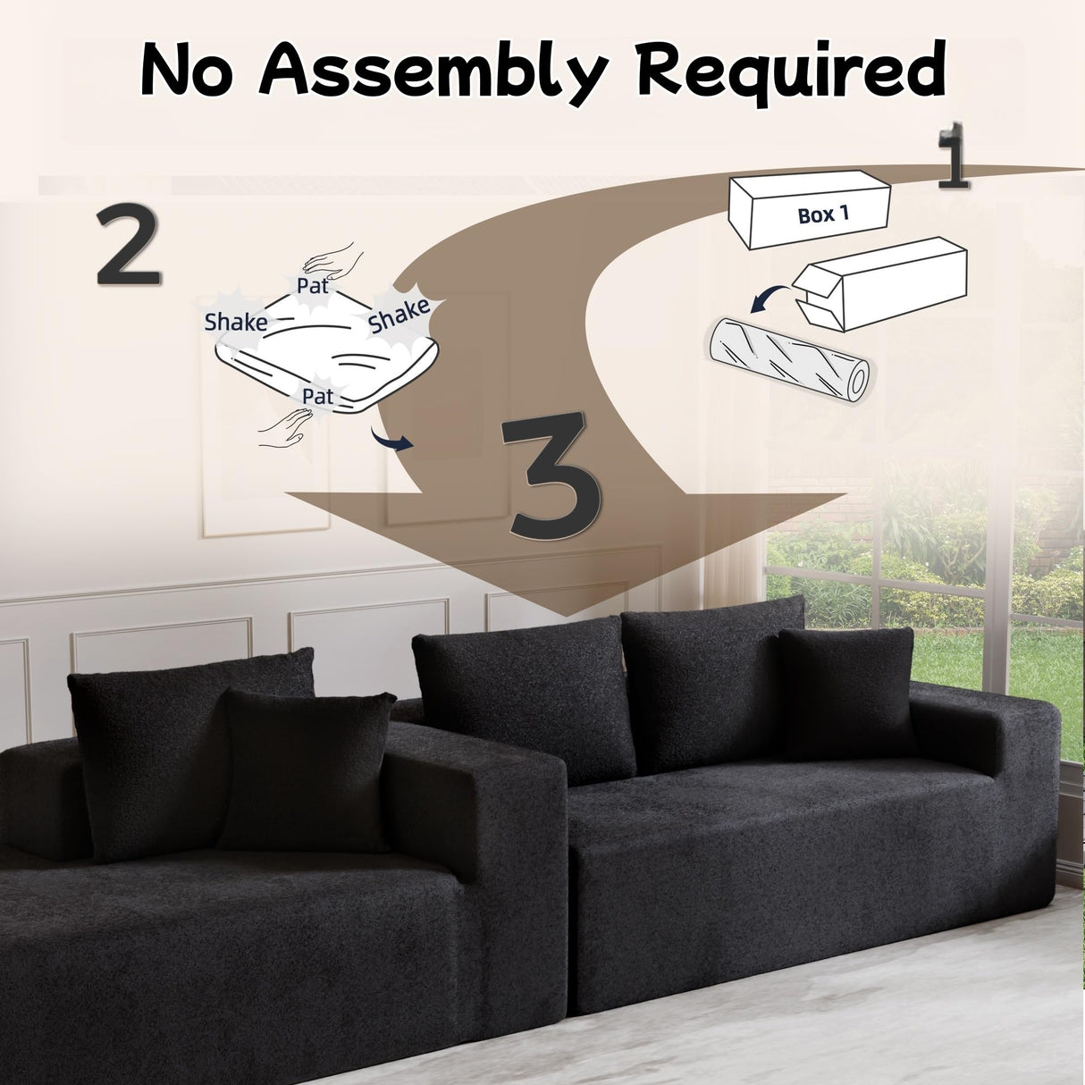 Trygoal L-Shape Cloud Sectional Sofa, 104” Modern Modular Boneless Couch with Right Chaise Lounge, Compressed Floor Sofa with 5 Pillows & Deep Seat, Rain Drop Velvet Couch for Living Room, Black Trygoal