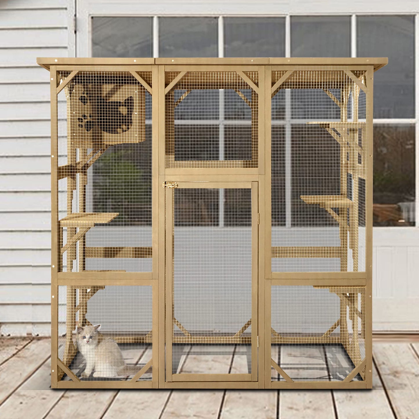 LEISU Large Outdoor Cat House Outdoor Wooden Cat Cage Cat Enclosure with Weatherproof Large Run, Jumping Platforms for Play Catio Cat Patio with Large Entrance Easy to Clean (Begin Color)