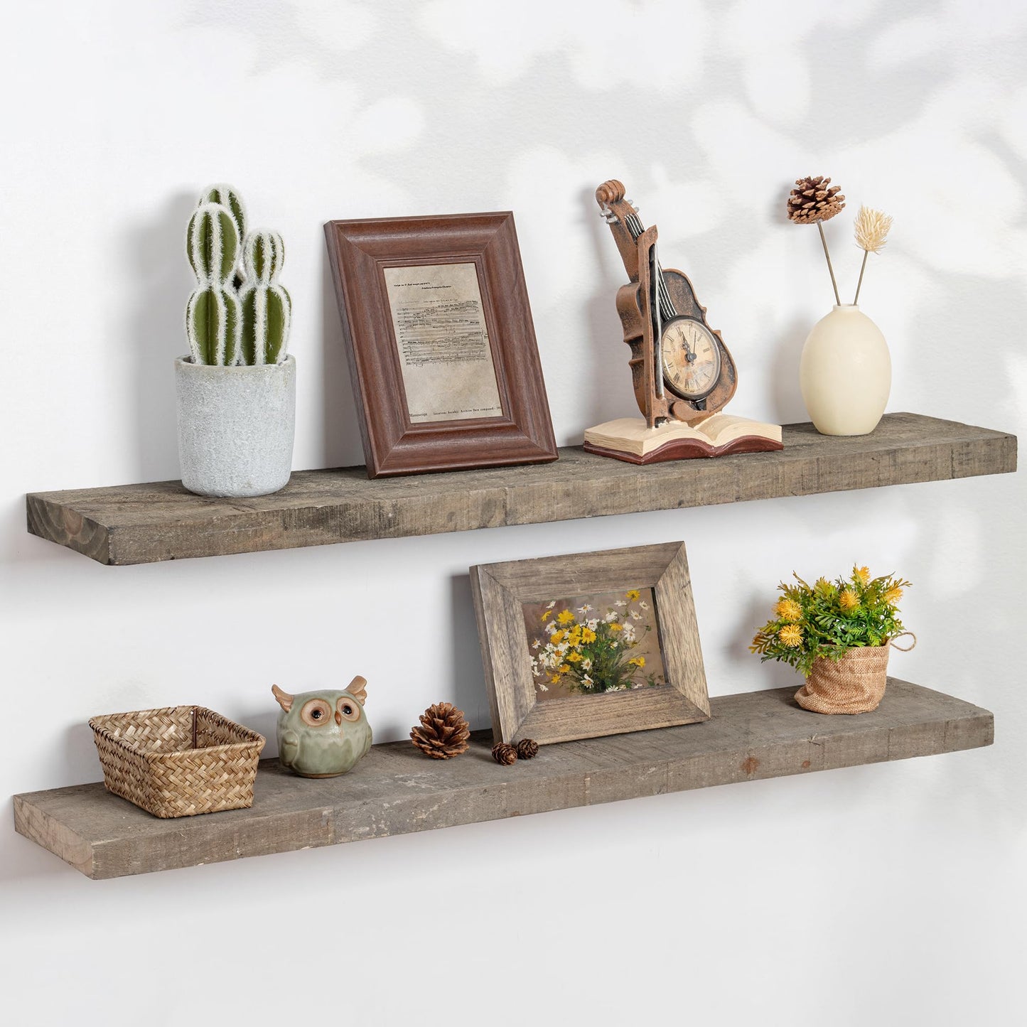 FLYJOE Floating Shelves | 8" Deep Rustic Reclaimed Barnwood Wall Hanging Shelves with Invisible Heavy-Duty Metal Bracket | Wall Mounted | Farmhouse Style | 36 inches, 2 PCs, Distressed Grey