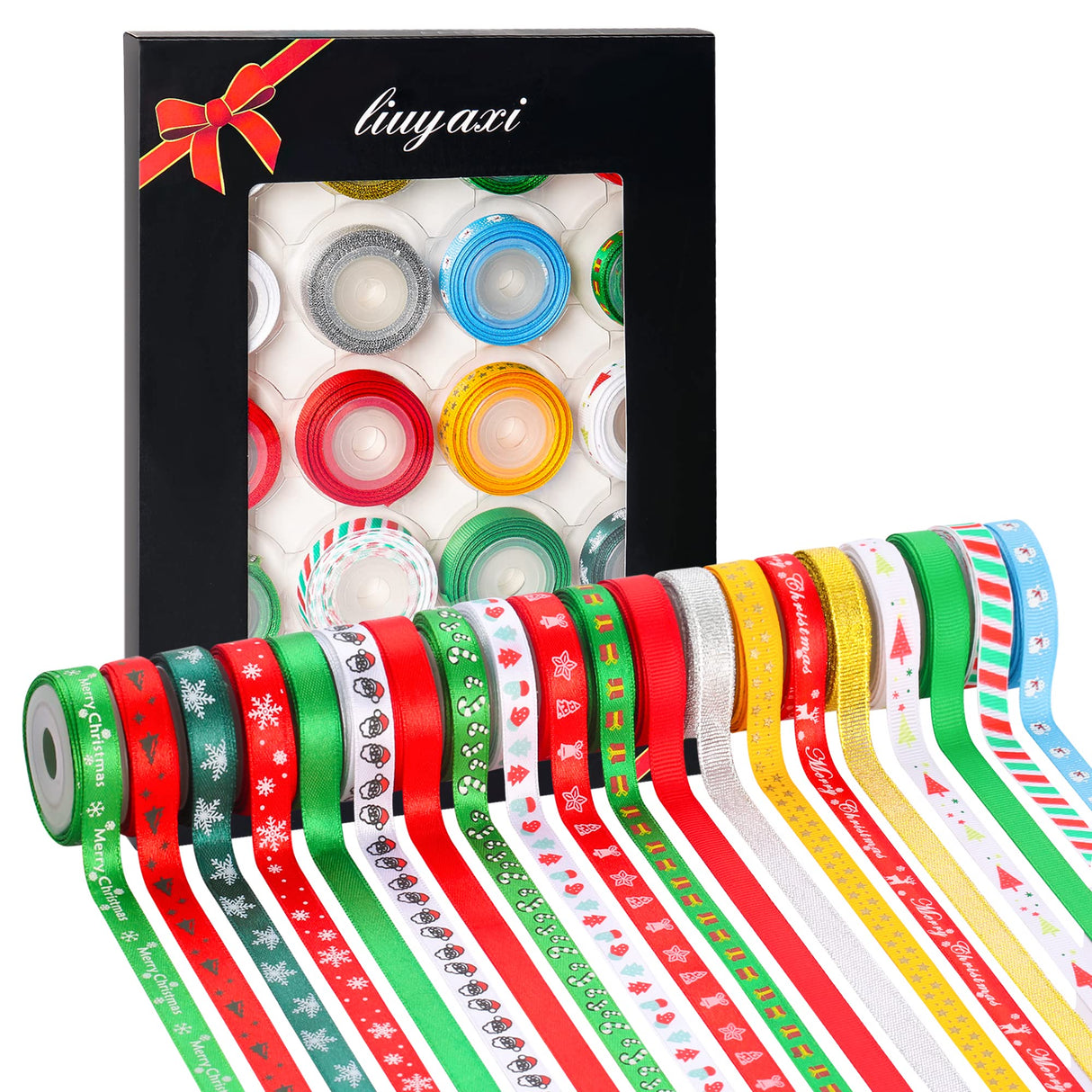 LIUYAXI 100 Yards 20 Rolls Christmas Ribbons,3/8 Inch Wide Printed Grosgrain Ribbon Metallic Glitter Holiday Festival Christmas Satin Ribbons for Gift Wrapping Crafts Xmas Decorations LIUYAXI
