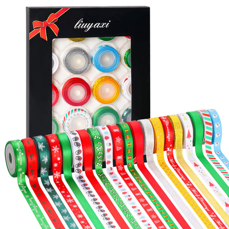 LIUYAXI 100 Yards 20 Rolls Christmas Ribbons,3/8 Inch Wide Printed Grosgrain Ribbon Metallic Glitter Holiday Festival Christmas Satin Ribbons for Gift Wrapping Crafts Xmas Decorations LIUYAXI
