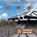 8.5' x 8.5' Hardtop Gazebo, Galvanized Steel Double Roof Gazebo with Nettings and Curtain Outdoor Aluminum Frame Vertical Stripes Roof Gazebos for Patio, Backyard, Lawn Raysfung