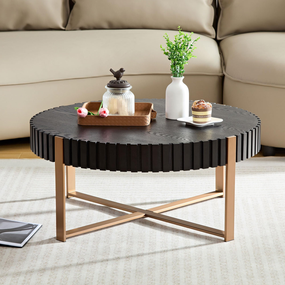 LKTART 31.5'' Round Coffee Table Modern Solid Wood Handcraft Drum Wooden Felief Coffee Table Stainless Steel Legs Sturdy Pedestal Tea Table for Living Room Apartment Small Space,Black LKTART