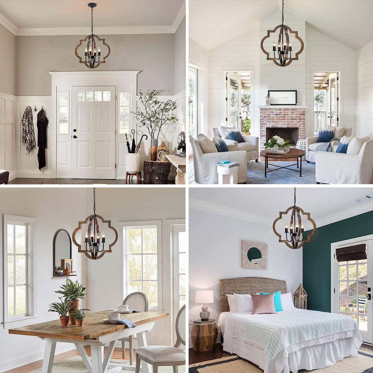 Rviezza 19.49'' Farmhouse Wood Chandelier, 4-Light Rustic Dining Room Light Fixture, Orb Chandelier Light Adjustable Height, Pendant Lighting for Kitchen Island Foyer Living Room Over Dining Table Rviezza