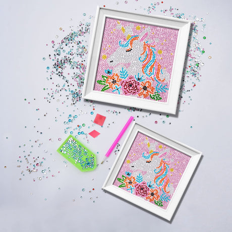 Cute Diamond Painting Kits Large 7x7 Natural Wooden Frame, Pre-Mounted Canvas, Sparkling Crystal Gems, Pen, Arts & Crafts Tray, Gum. Famous Characters, Unicorn USACRAFT