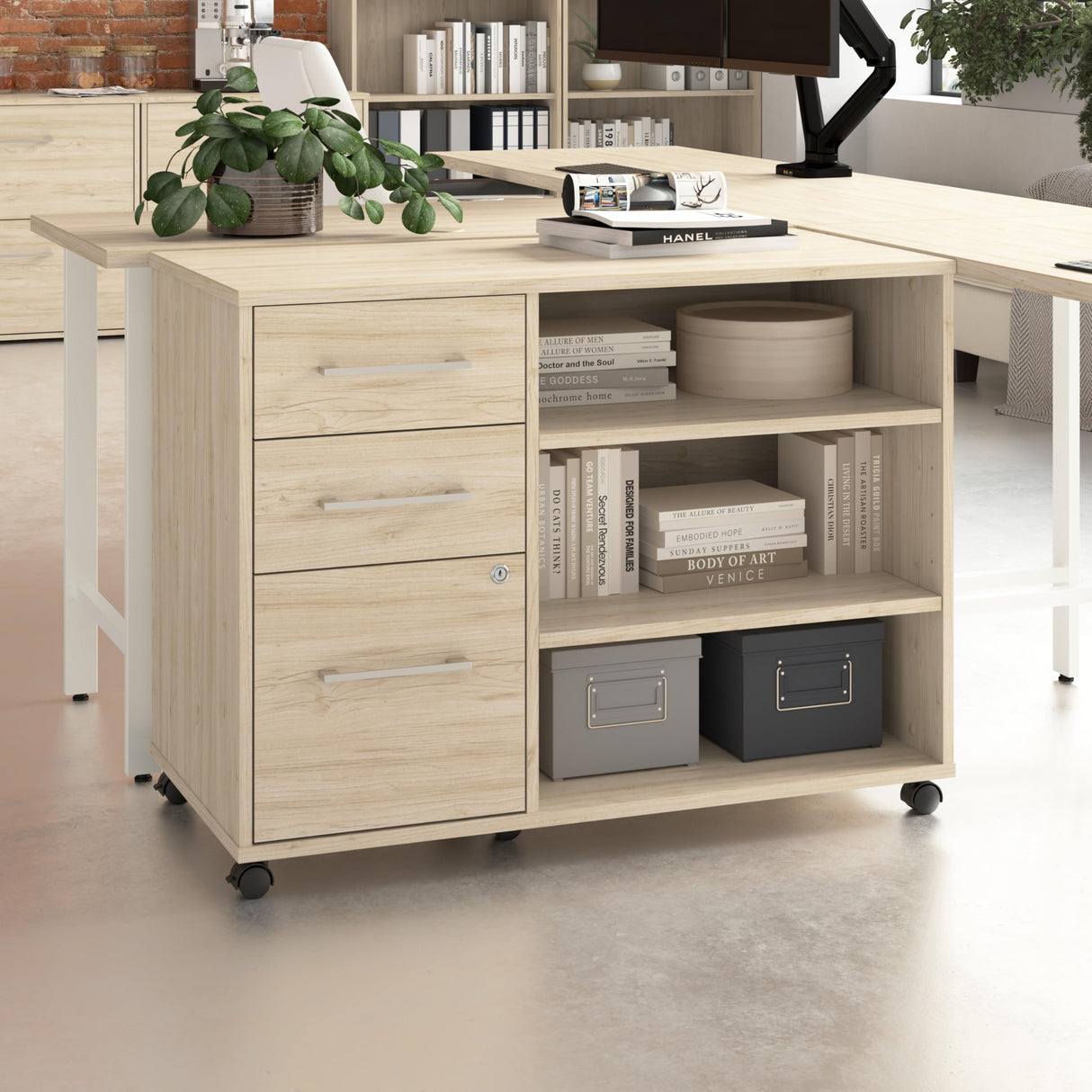 Bush Business Furniture Hustle Office Storage Cabinet with Wheels in Natural Elm, Mobile Organization Unit for Home and Professional Workspace Bush Business Furniture