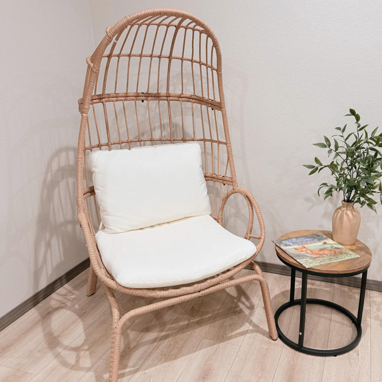 DWVO Narrow Egg Chair Wicker, Patio Rattan Basket Chair with 370lbs Capacity Outdoor Indoor Egg Chairs with Stand & Cushion Cocoon Chair for Bedroom, Patio, Balcony, Beige DWVO