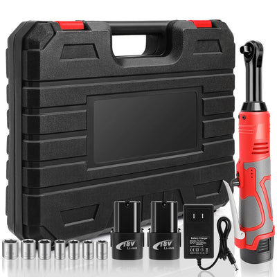 18V Extended Cordless Ratchet Wrench 3/8 Electric Wrenches Set 45 ft-lbs (60 N.m) 400RPM Power, 2 Battery 2.0Ah Lithium-Ion, 7 Sockets (10/11/12/13/14/15/17mm) And Charger, Variable Speed Trigger