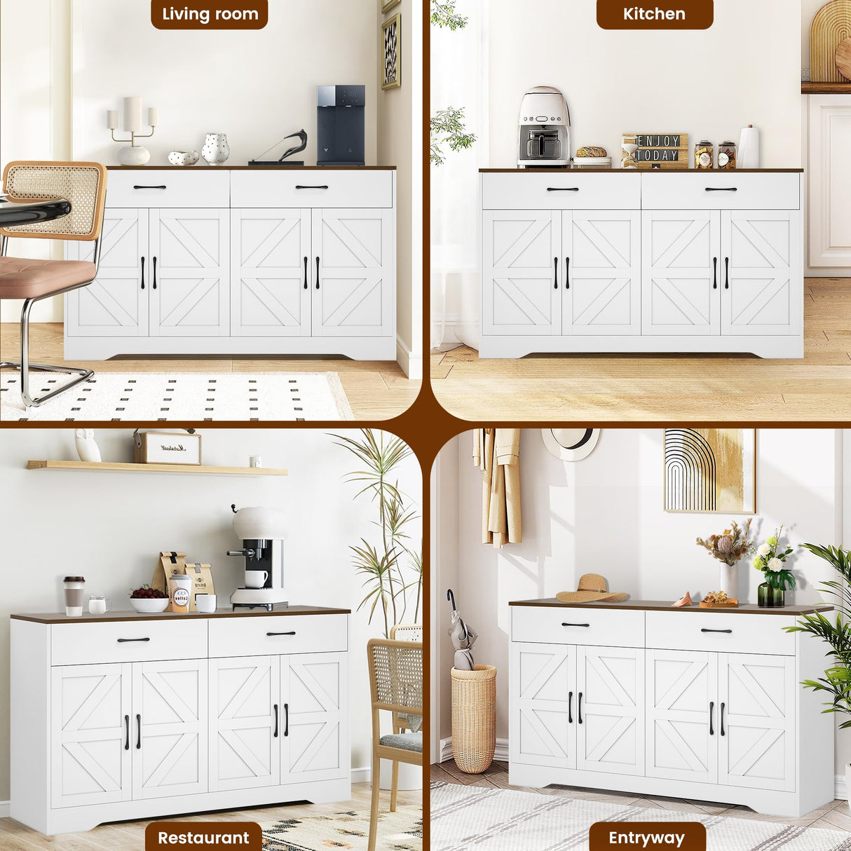 55" Sideboard Buffet Cabinet with Storage, Large Kitchen Storage Sideboard with Drawers & Doors, Modern Wood Farmhouse Coffee Bar Cabinet, Buffet Table for Kitchen, Dining Room, Living Room, White GRUSIGN