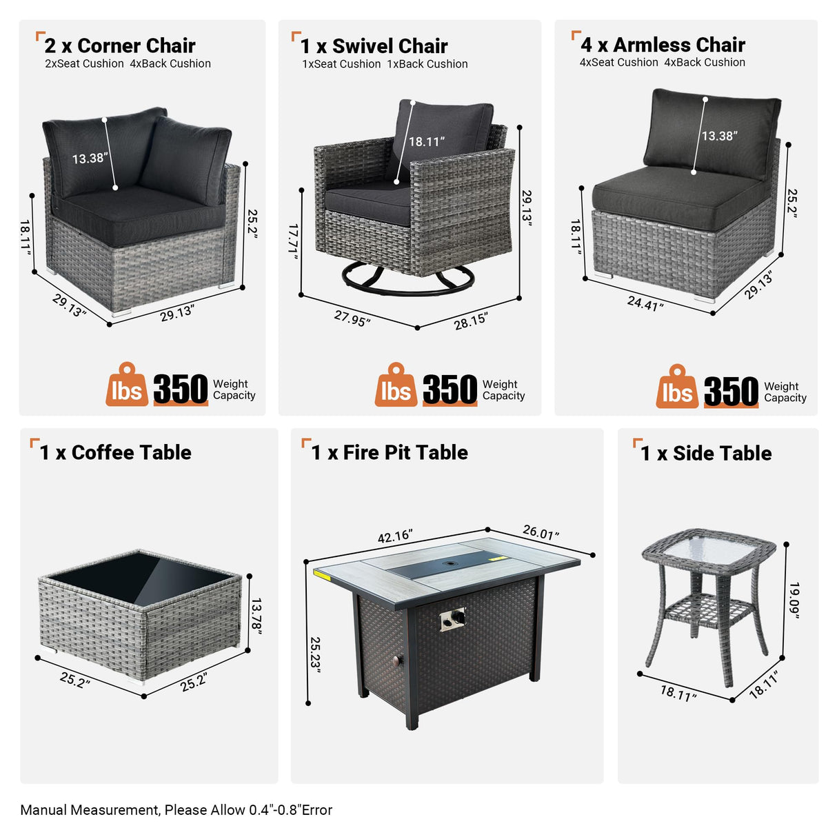 ovios 10 Piece Outdoor Patio Furniture Set with Fire Pit Table,Conversation Sectional Wicker Couch with Swivel Chairs,Modern Outside Sofa for Balcony Backyard, Black ovios