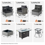 ovios 10 Piece Outdoor Patio Furniture Set with Fire Pit Table,Conversation Sectional Wicker Couch with Swivel Chairs,Modern Outside Sofa for Balcony Backyard, Black ovios