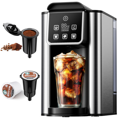 KIDISLE Hot & Iced Coffee Maker with Bold Setting, Single Serve Coffee Maker for K Cup and Grounds, 6-14 Oz Brew Sizes, 50 Oz Removable Water Tank, One Cup Coffee Machine with Reusable Filter, Black KIDISLE
