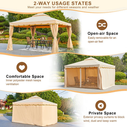 Erommy 10' x 12' Outdoor Canopy Gazebo, Double Roof Patio Gazebo Steel Frame with Netting and Shade Curtains for Garden, Patio, Party Canopy, Beige