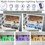 Gyfimoie White Vanity Desk with Mirror and Lights, 8 Drawer Makeup Vanity Table with Glass Top, Power Outlets and RGB Lights, Women & Girls Dressing Table with Lighted Mirror（Stool Not Included） Gyfimoie