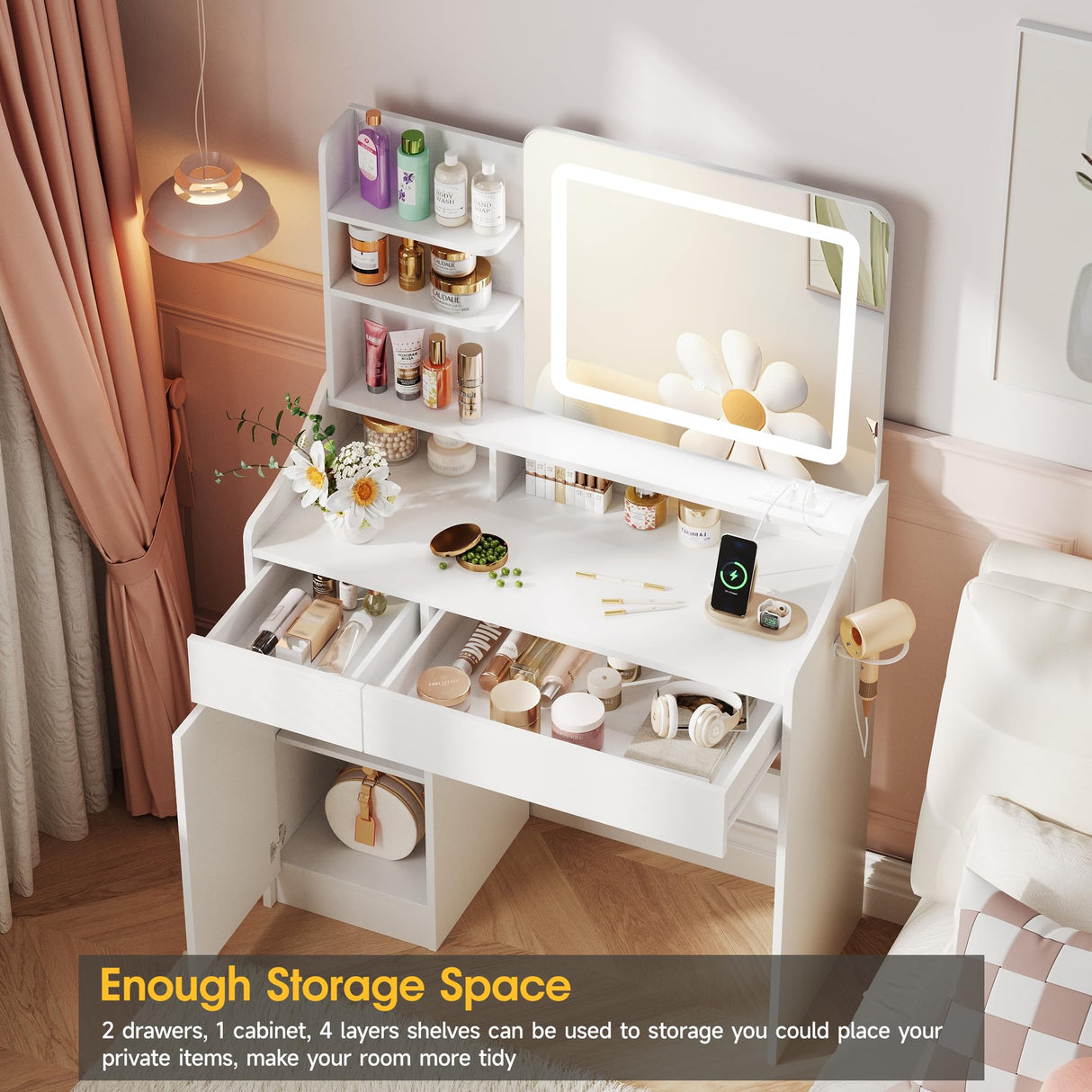 Vabches Makeup Vanity Desk with Mirror and Lights, White Vanity Table with Lighted Mirror & Power Outlet, Makeup Desk with 2 Drawers and Cabinet, for Bedroom Vabches