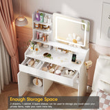Vabches Makeup Vanity Desk with Mirror and Lights, White Vanity Table with Lighted Mirror & Power Outlet, Makeup Desk with 2 Drawers and Cabinet, for Bedroom Vabches