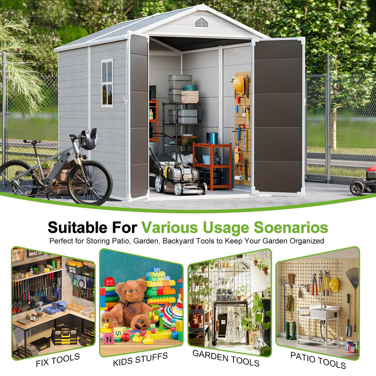 RichFire 6x8 FT Plastic Resin Shed with Floor, All-Weather Storage Sheds Outdoor with Floor and Window Easy to Install, Large Plastic Sheds & Outdoor Storage for Garden Backyard Patio, Dove Grey RichFire