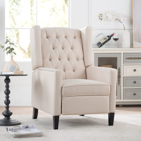 Push Back Single Recliner Chair,27" W Dual Function Foot System,Manual Wing Chair for Office, Den, Living Room, Bedroom, and Guest Room (Fabric, Beige) Fulocseny