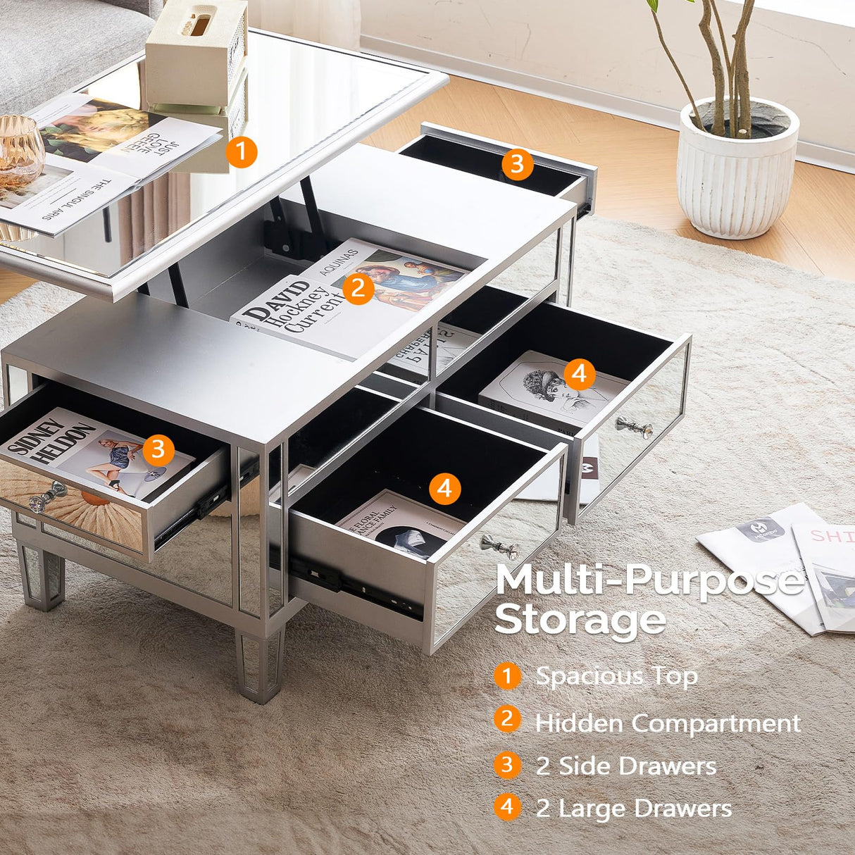 VINGLI Mirrored Lift Top Coffee Table, Assembled Modern Coffee Table with Drawers for Living Room (Silver, 35'' x 19'' x 18'') VINGLI