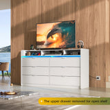 WLIVE 9 Drawer Led Dresser for Bedroom, 58.35'' White Wood Dresser Storage Organizer with Power Outlets for 65'' TV, Dressers with Open Shelves, Chest of Drawers for Closet, Living Room WLIVE