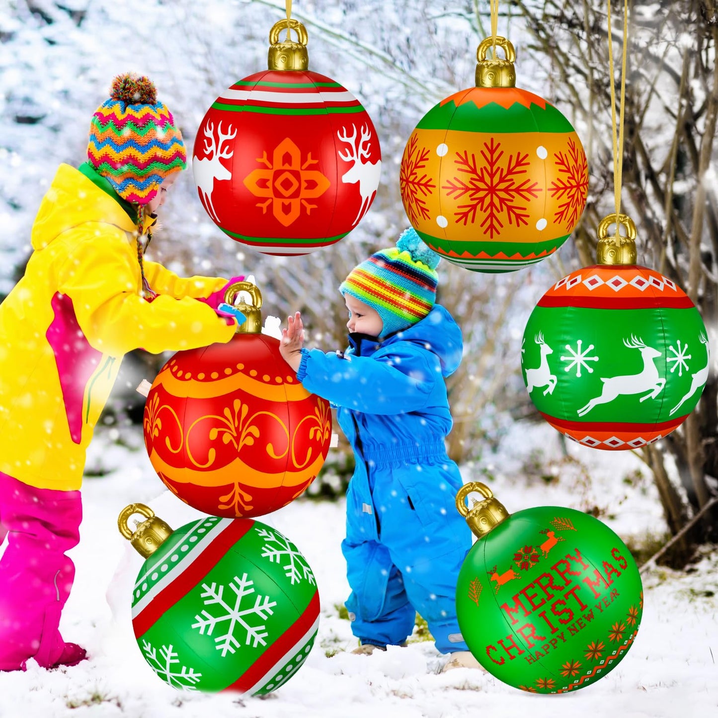 Jetec 6 Pcs 24 Inch Outdoor Christmas Inflatable Decorations Ball Xmas Blow up Ball Decor Light up PVC Giant Inflatable Christmas Ball with LED Light Remotes for Xmas Garden Yard Tree (Vivid Style)