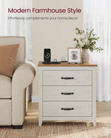 VASAGLE LIRY Collection - Farmhouse Nightstand with Charging Station, Bedside Table, Side End Table with 3 Drawers, for Bedroom, Rustic White and Honey Brown ULET679W01 VASAGLE