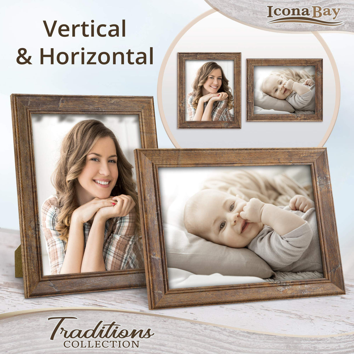 Icona Bay 8x10 Chestnut Brown Picture Frame, Rustic Wood Pattern, Lightly Distressed Frame for Table Top Display or Wall Mount, Traditions Collection Icona Bay