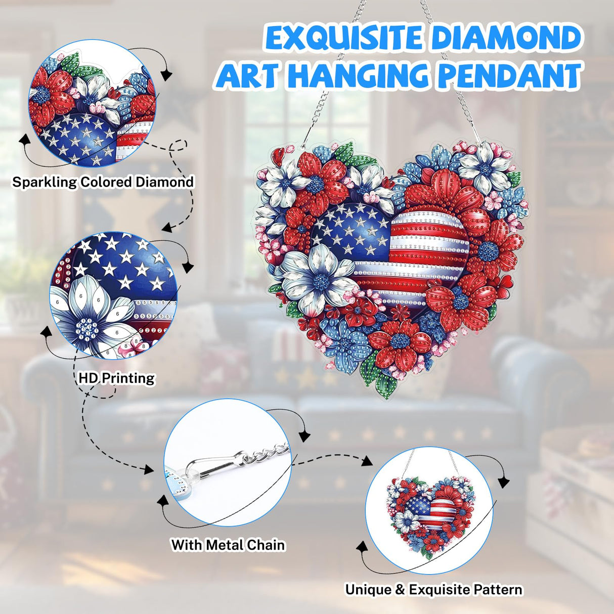 Bowetile 5D Patriotic Diamond Art Hanging Kits for Adults, Diamond Painting Heart Shape Flowers Pendant Kits, Special Shape USA Flag Gem Art Suncatcher Ornament for Home Window Wall Decor Bowetile